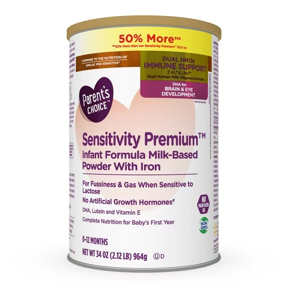 Parent's Choice Sensitivity Premium Baby Formula with Iron, Dual HMOs, 34 oz Canister