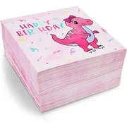 50-Pack Pink Dinosaur Party Napkins, 2-Ply Dino Disposable Paper Napkins for Baby Girl 1st First Birthday Party Supplies and Decorations, 6.5" Folded