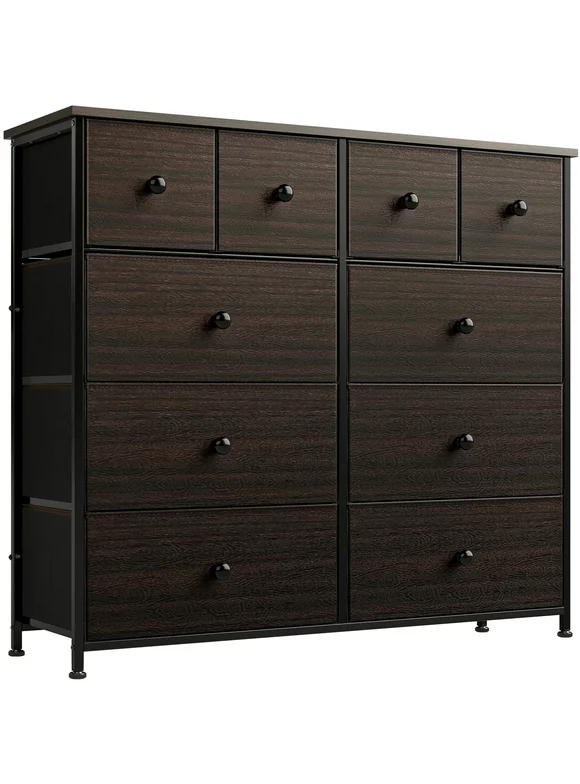 REAHOME Dressers for Bedroom with 10 Drawer Fabric Chest of Drawers Storage Drawer Unit Tower Luxury Leather Finish Rustic Brown