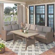 Promotion Patio Outdoor Furniture PE Rattan Wicker Conversation Set All-Weather Sectional Sofa Set with Table & Soft Cushions (Brown)