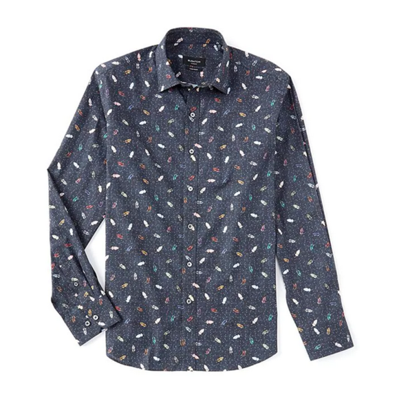 $179 Bugatchi MEN'S Feather Print Stretch Long-Sleeve Woven Shirt NIGHT BLUE 2XL