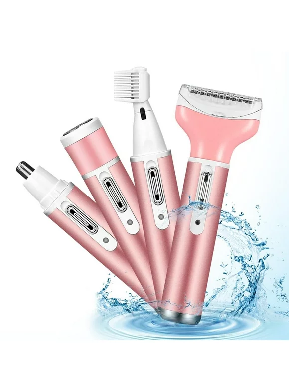 4 in 1 Women Electric Shaver Rechargeable Waterproof Razor Painless Epilator Body Hair Remover Nose Hair Beard Bikini Trimmer Eyebrow Face Facial Armpit Legs Removal Clipper Lady Grooming Groomer Kit