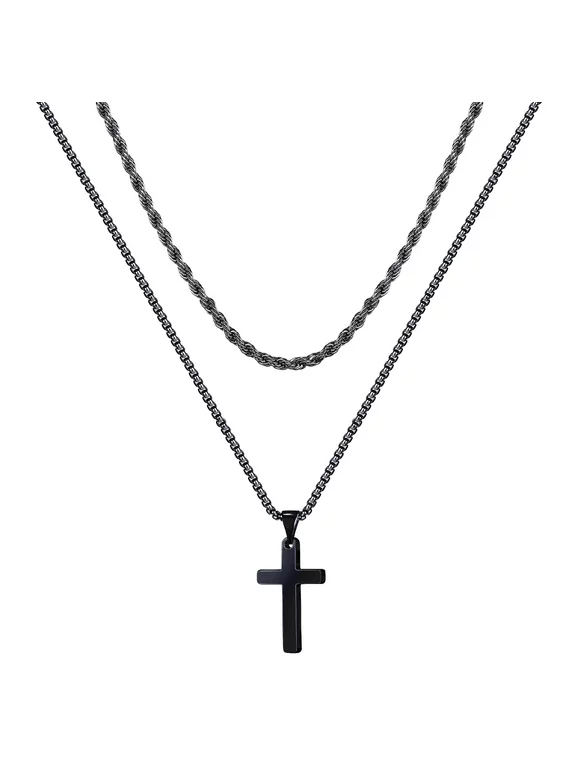 TINGN Cross Necklace for Men Boys Mens Stainless Steel Black Chain Cross Pendant Necklace