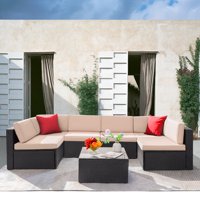Walnew 7 Pieces Patio Conversation Set Outdoor Sectional Sofa Set PE Rattan Sectional Seating Group with Cushions and Table Beige