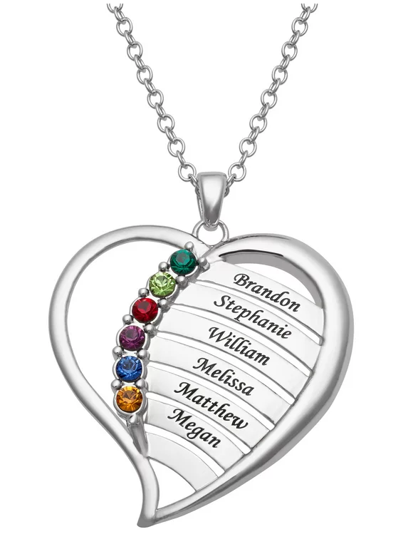 Family Jewelry Personalized Mother's Family Rhodium-Plated or Gold-Plated Birthstone and Names Heart Necklace, 18"