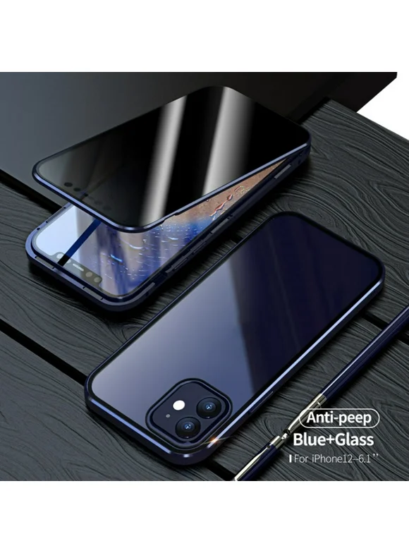 Maynos Anti-Peeping Full Body Case Clear Tempered Glass Metal Bumper Protection Privacy Cover For iphone iPhone 12,Blue