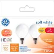 GE LED 4.5-Watt (40W Equivalent) Soft White HD Color, G16 Globe Light Bulbs, 2pk