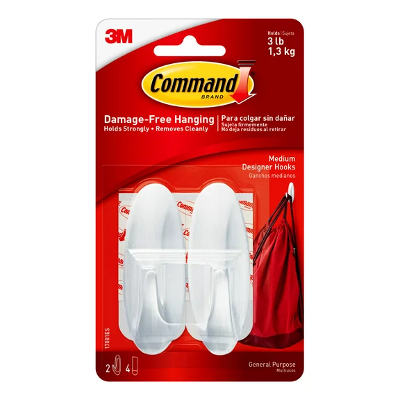 Command Medium Designer Hooks, White, 2 Wall Hooks