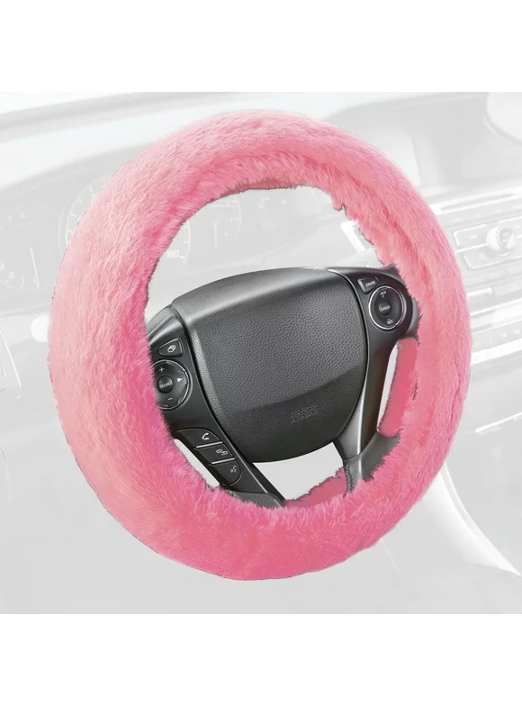 BDK Faux Fur Steering Wheel Cover for Women â€“ Wool Sheepskin Fluffy Fleece Warm and Cozy Comfort for Hands in Winter, Universal Fit for Steering Wheel Sizes 14.5 15 15.5 (Faux Fur - Pink)