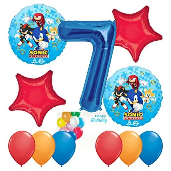 Sonic Birthday Party Supplies Decorations Balloon Bundle with Character Mylar's, Star Shaped Mylar's, Latex Balloons and Blue Number 7 Mylar (7 Items)