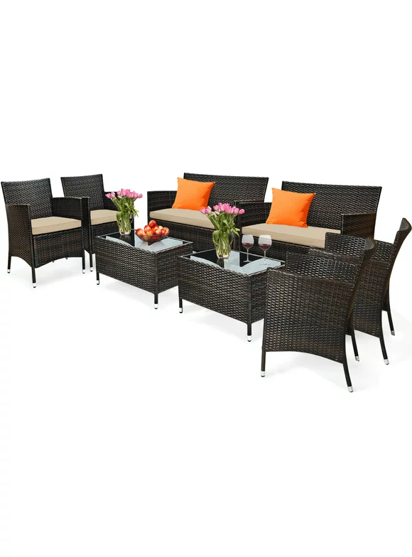 Gymax 8-Piece Patio Rattan Outdoor Furniture Set with Cushioned Chair Loveseat Table in Brown