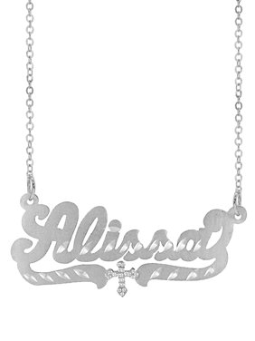 Personalized Sterling Silver "Alissa" Single Nameplate Necklace With Beading and Rhodium on Cross of Tail With 18 inch Link Chain