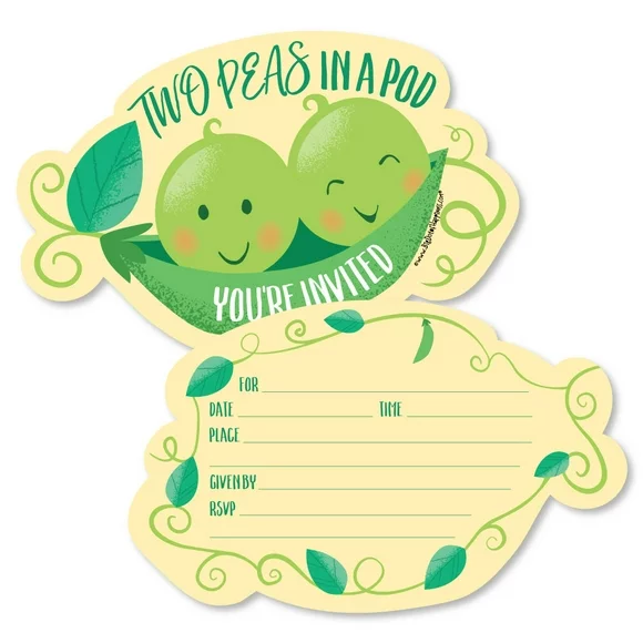 Double the Fun - Twins Two Peas in a Pod - Shaped Fill-In Invitations -Baby Shower or First Birthday Party Invites-12 Ct