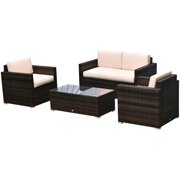 Outsunny 4 Pieces Outdoor Wicker Patio Sofa Set, Rattan Conversation Furniture Set with Cushions and Coffee Table, Brown/Beige