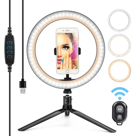 Qishi LED Ring Light 10" with Tripod Stand & Phone Holder for YouTube Video,Makeup and Selfie Ring Light with USB Powered Compatible for most cell phones, Black