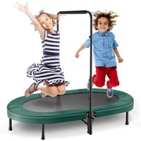 56'' Mini Rebounder Trampoline with Adjustable Handle for Two Kids Adult, Parent-Child Fitness Foldable Trampoline for Indoor & Outdoor Exercise with Spring Pad, Green