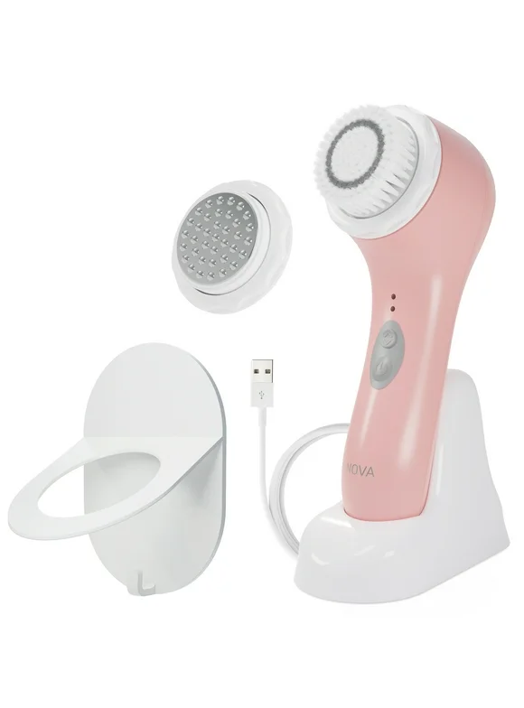 Spa Sciences NOVA - Sonic Facial Cleansing and Exfoliating Device with Antimicrobial Brush Bristles & Serum Infuser, Pink