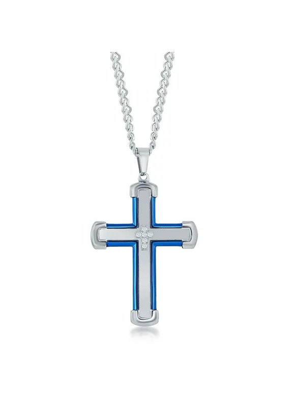 Men’s Blue & Silver Cross with Simulated Diamond CZ 24” Pendant Necklace | Stainless-Steel Religious Jewelry for First Communion, Baptism, or Confirmation