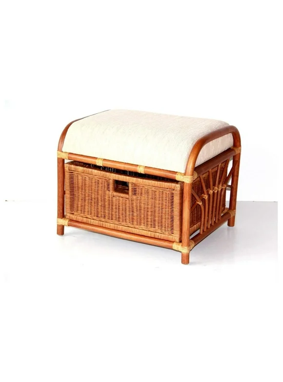 LeCeleBee Handmade Ottoman Footstool Natural Rattan Wicker w/Basket w/Cushion, Cognac