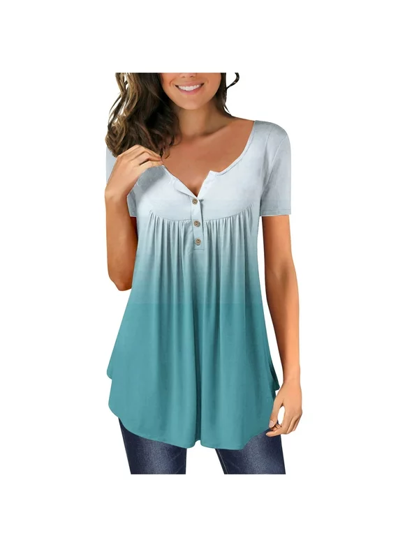 CZHJS Loose Fitting Gradient Color Vacation Shirt Crewneck Tops Short Sleeve Tees Casual Elegant Dressy Women T-Shirts Summer Tunic Light Blue XL