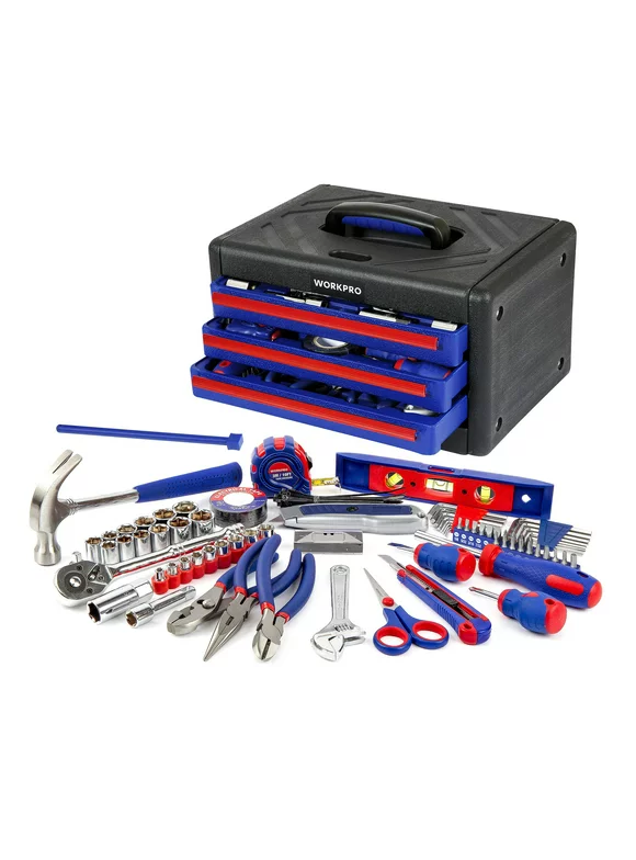 WORKPRO 125-Piece Home Repair Tool Set, Hand Tool Kit with 3-Drawer Storage Case, includes Torpedo Level, Screwdriver