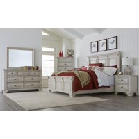 Renova Distressed Parchment Wood Bedroom Set, Queen Panel Bed, Dresser, Mirror, Two Nightstands, Chest