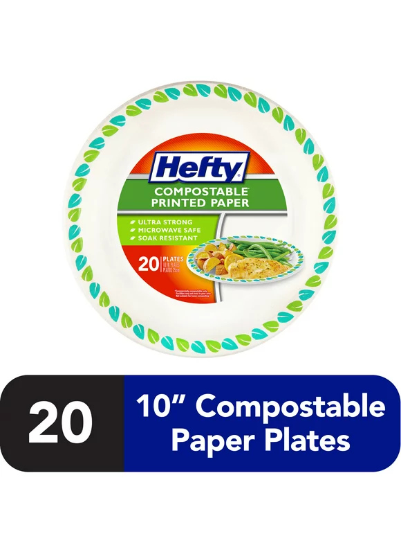Hefty Compostable Printed Paper Plates, 10 Inch, 20 Count