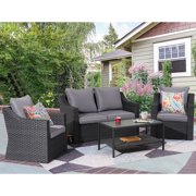 5 Piece Patio Furniture Set, Outdoor Wicker Conversation Sets Rattan Sofa with Glass Table for Garden Deck Porch, Grey Cushions