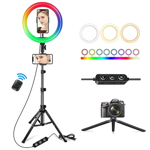 12" LED RGB Selfie Ring Light w/ Mini & Extendable Tripod Stand & Phone Holder 10 Brightness Level 26 Light Modes Dimmable Ringlight for Beauty Makeup Live Streaming YouTube Video Photography Shooting