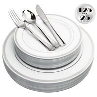JL Prime 125 Piece Silver Plastic Plates & Cutlery Set, Heavy Duty Disposable Plastic Plates with Silver Rim & Silverware, 25 Dinner Plates, 25 Salad Plates, 25 Forks, 25 Knives, 25 Spoons