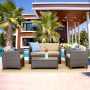 Outdoor Patio Furniture Set,5 Piece Conversation Set Wicker Sectional Sofa Loveseat Chair Gray Wicker,Tan Cushions
