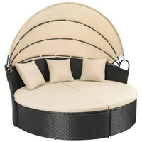 Walnew Outdoor Patio Round Daybed with Retractable Canopy Wicker Furniture Sectional Seating with Washable Cushions for Patio Backyard Porch Pool Daybed Separated Seating (Beige)