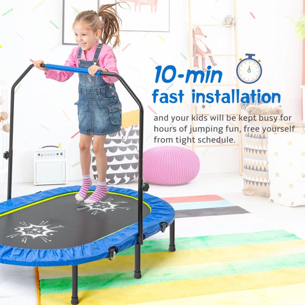 Indoor Trampoline for 2 Kids, Parent-Child Twins Trampoline for Toddlers with Adjustable Handle and Safety Pad,Home Gym Exercise Trampoline for Boys Girls, Cardio Trainer, Blue