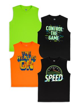 Athletic Works Boys Graphic Performance 4-Pack Muscle Shirts,Sizes 4-18 & Husky