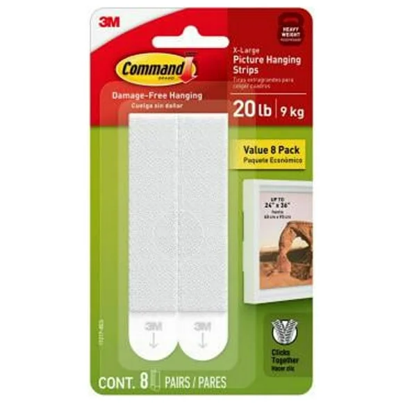 Command 17217-8ES 20 Lb. Picture Hanging Strips, White, 8 Pairs, X-Large - Quantity 4