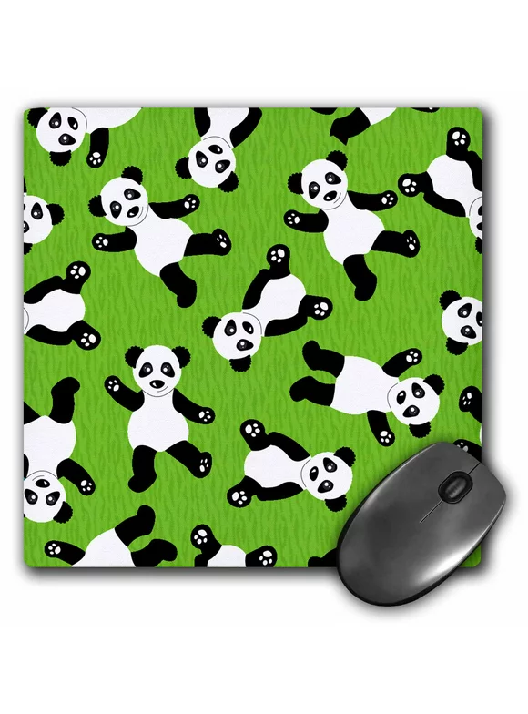 3dRose Cute Happy Cartoon Panda Print on Green Fur Print Background - Mouse Pad, 8 by 8-inch (mp_40925_1)