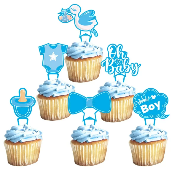 24 PCS Baby Shower Oh Baby Cupcake Toppers with Tie Onesie Pacifier Glitter Cupcake Picks Baby Shower Boys Birthday Party Supplies(Boy)