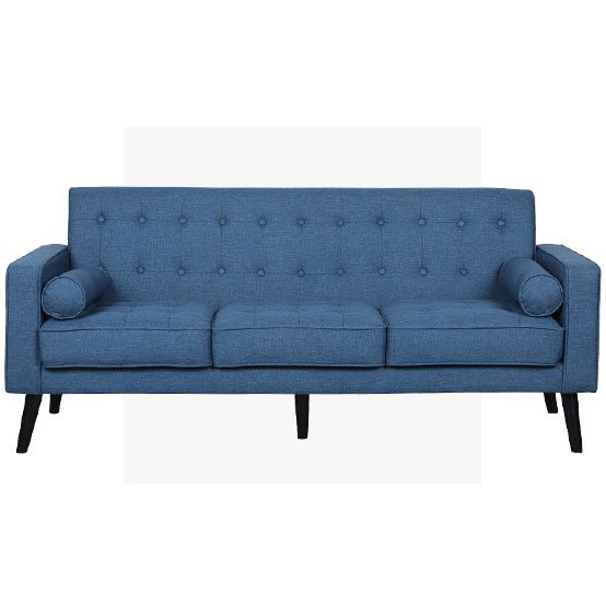 A blue linen mid-century sofa. Links to mid-century sofas on dailysavesonline.com.��    