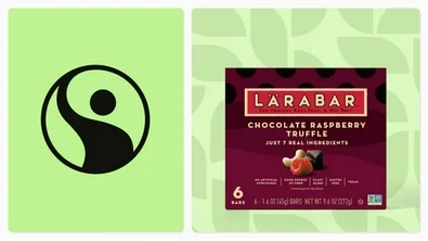 The Fair Trade Certified logo and a LARABAR pack are found above the words “Fair Trade Certified. Shop food that meets rigorous environmental standard