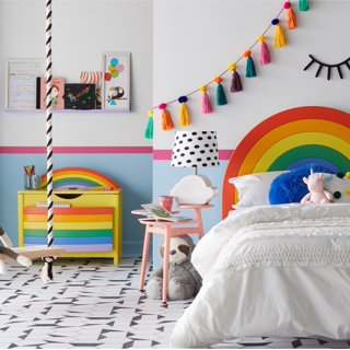 A rainbow kids bedroom idea by Drew Barrymore Flower Kids. 