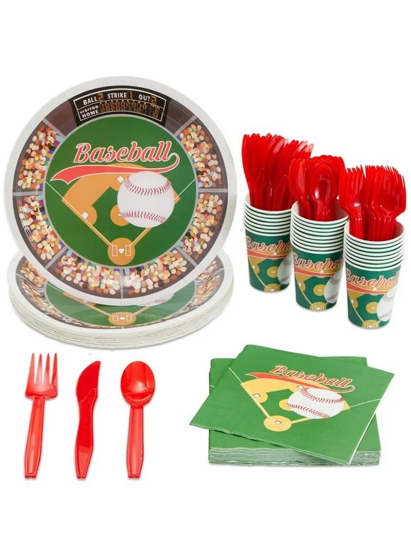 144 Piece Baseball Birthday Party Supplies with Baseball Plates, Napkins, Cups, and Cutlery for Boys and Girls, Decorations (Serves 24)