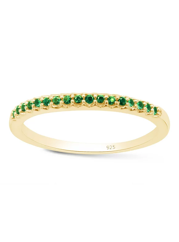 14K Yellow Gold Over Sterling Silver Round Cut Simulated Green Emerald CZ Half Eternity Band Ring By Jewel Zone US
