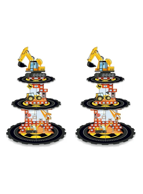 2 Set 3-Tier Excavator Construction Cardboard Cupcake Stand Party Decorations Dessert Holder Cupcake Stand for Kids Boys Baby Shower Construction Birthday Party Supplies