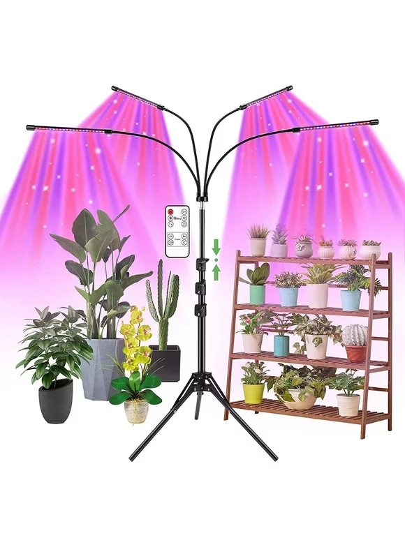 4-Head LED Grow Light for Indoor Plants, Plant Light w/ Adjustable Stand (15"-62") & Dual Controllers, Full Spectrum Plant Growing Lights (Red/Blue/Mix), 4/8/12H Timer, 10 Brightness & Auto ON/Off