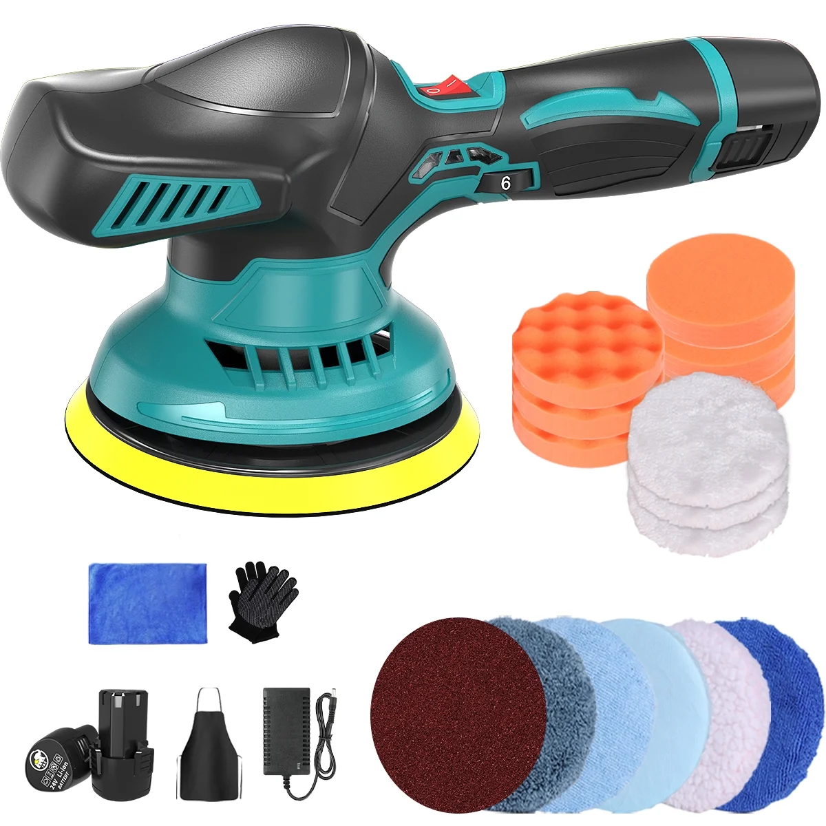 6 Inch Cordless Car Buffers Polishers Kit with 2pcs 2000mAh Lithium Rechargeable Battery, Portable Rotary Car Polisher Set with 6 Variable Speed 2500-5000 RPM for Car, Boat Sanding, Polishing, Waxing