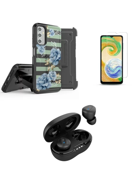 BC Armor Case for Galaxy A14 5G, Rugged Construction Belt Holster Clip Kickstand Cover (Blue Gold Flower), Screen Protectors, Premium Wireless Earbuds, TWS with Charging Case