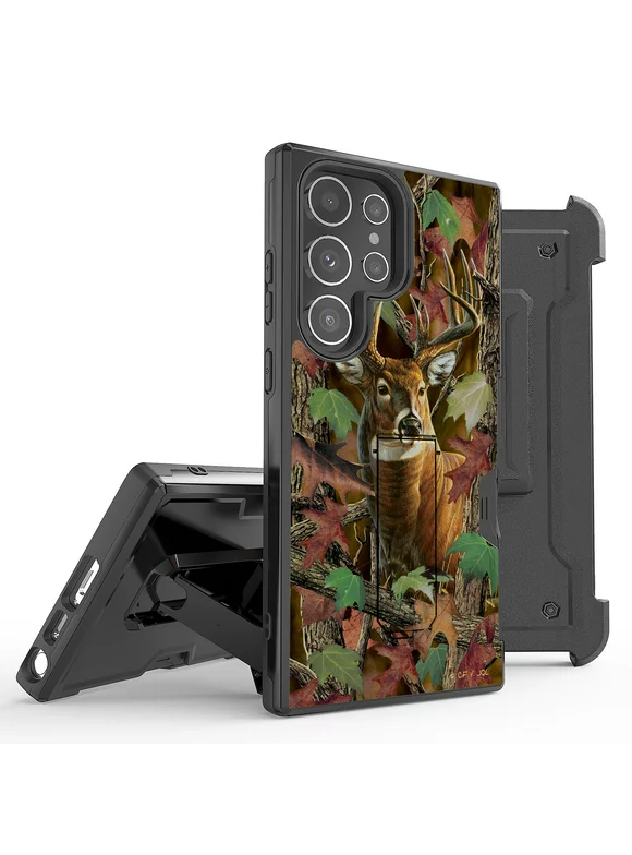 BC Hard Armor Case for Galaxy S23+ Plus, Heavy Duty Construction Rugged Protector Cover with Built-in Stand and Removable Belt Clip Holster - Deer Hunting Camo