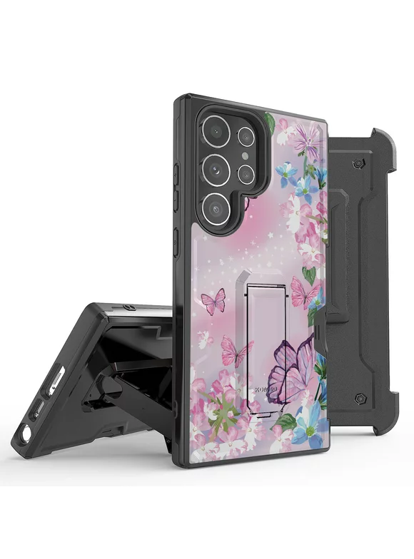 BC Hard Armor Case for Galaxy S23 Ultra, Heavy Duty Construction Rugged Protector Cover with Built-in Stand and Removable Belt Clip Holster - Purple Pink Butterfly Flower
