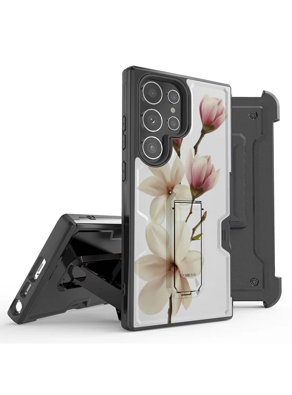 BC Hard Armor Case for Galaxy S23 Ultra, Heavy Duty Construction Rugged Protector Cover with Built-in Stand and Removable Belt Clip Holster - White Pink Floral