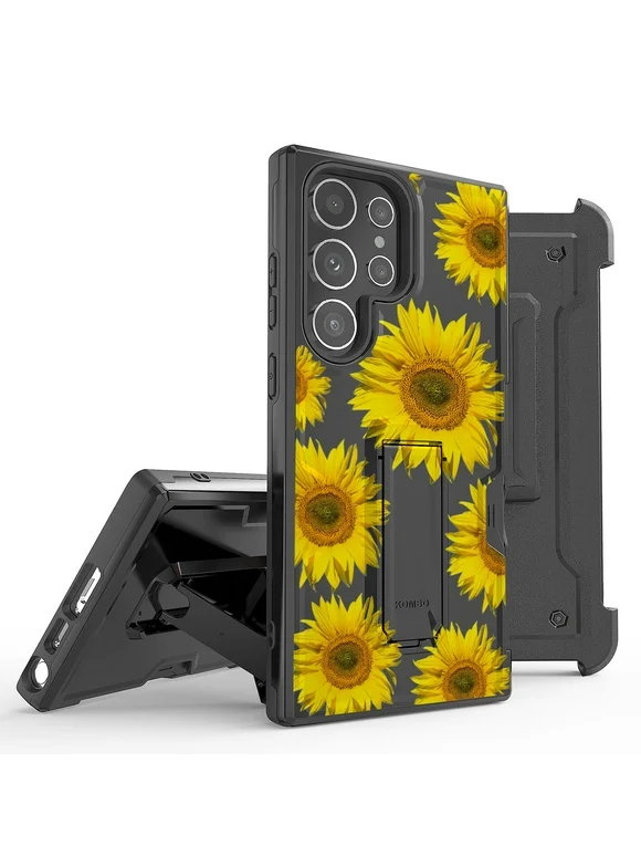 BC Hard Armor Case for Galaxy S23 Ultra, Heavy Duty Construction Rugged Protector Cover with Built-in Stand and Removable Belt Clip Holster - Yellow Sunflowers